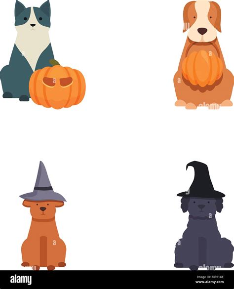 Set Of Four Cute Cartoon Dogs Dressed For Halloween With Pumpkins And