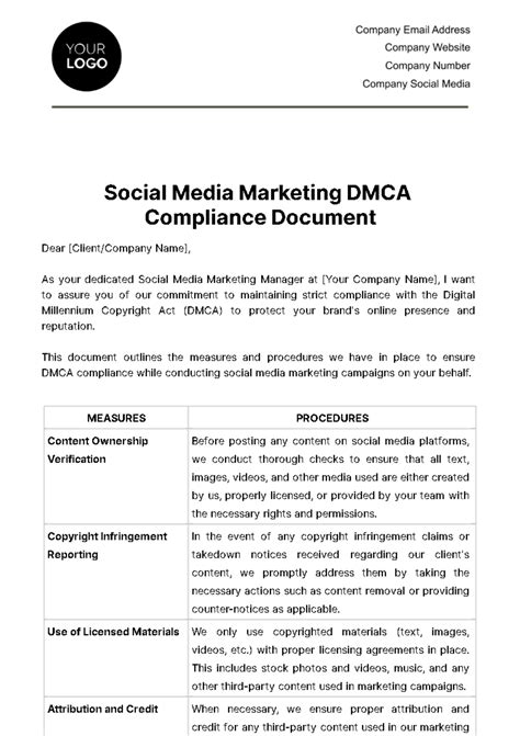 Free Social Media Marketing Dmca Compliance Document Template Edit