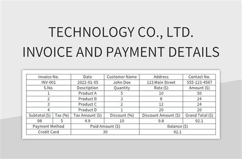Technology Co Ltd Invoice And Payment Details Excel Template And