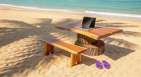 Remote Work Bliss Laptop on Wooden Desk at Tropical Beach with Ocean