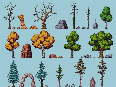 Trees And Rocks Natural Decorations Pixelart By Aamatniekss