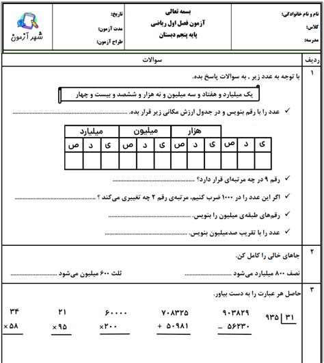 آزمون و نمونه سوال فصل اول ریاضی پنجم فصل 1 عددنویسی و الگوها شهر