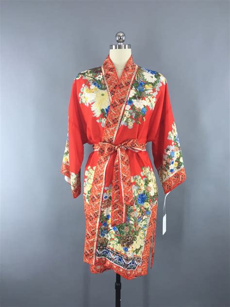 Vintage 1930s Silk Kimono Robe Art Deco Tomato Red Floral