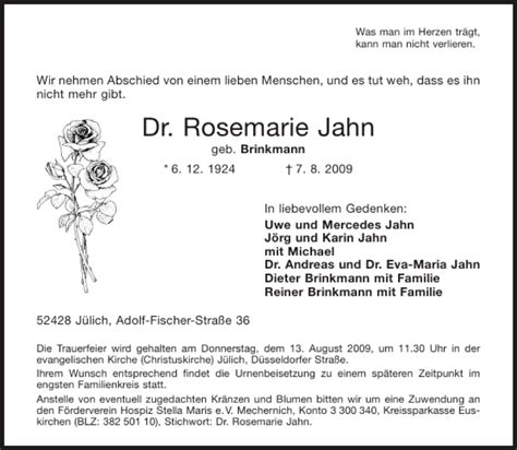 Traueranzeigen Von Dr Rosemarie Jahn Aachen Gedenkt