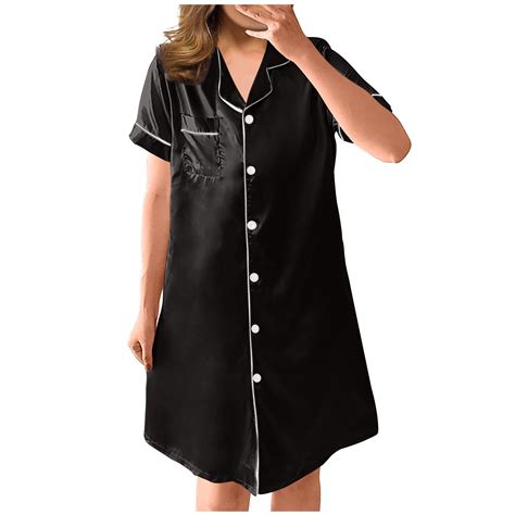 Womens Sexy Silk Satin Sleep Shirt Dress Short Sleeve Button Down Nightshirt Nightgown Soft