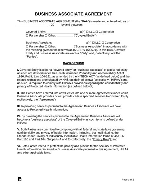 Free Business Associate Agreement Template Hipaa Word Pdf Eforms