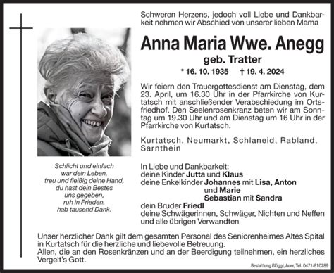 Traueranzeigen Von Anna Maria Anegg Trauer Bz