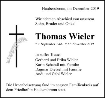 Traueranzeigen Von Thomas Wieler Zvw Trauer