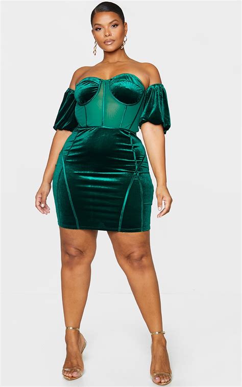 Plus Emerald Green Velvet Bardot Bodycon Dress Prettylittlething Usa