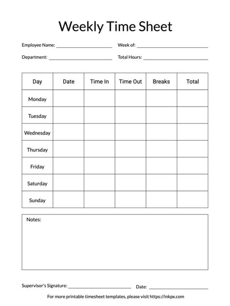 Printable Simple Weekly Time Sheet Template · InkPx