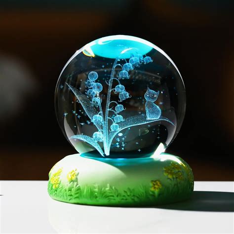 Ornalrist 60mm Crystal Ball Engraved With 3D Cat And Lily Of The Valley