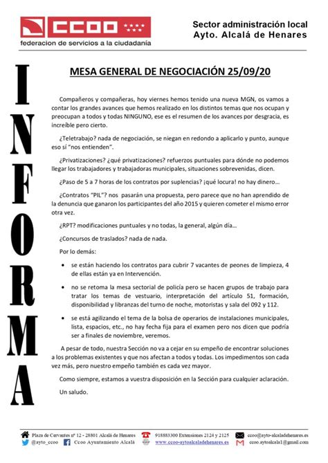 Comunicado Mesa General de Negociación 25 09 20 CCOO Ayto Alcalá de