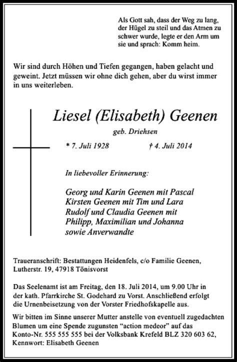 Alle Traueranzeigen für Liesel Elisabeth Geenen trauer rp online de