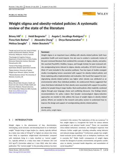 Weight Stigma And Obesity Related Policies Pdf Obesity Social Stigma