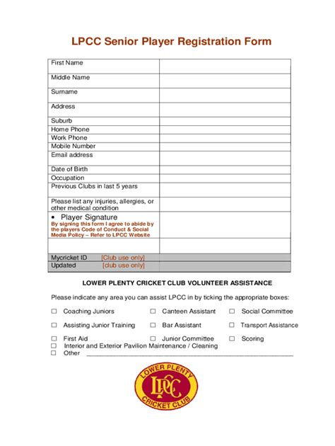 Fillable Online LPCC Senior Player Registration Form Rtf Fax Email