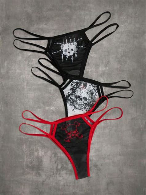 Grunge Punk Pack Skull Print Contrast Binding Thong Shein Uk