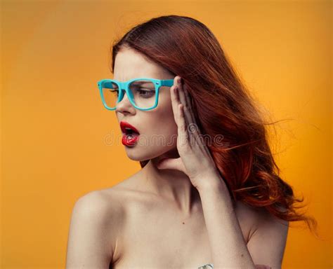 Pretty Woman Naked Shoulders Red Lips Glasses Luxury Yellow Background Stock Photo Image Of