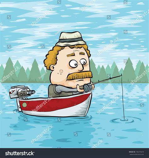 A Cartoon Man Fishing In An Aluminum Boat On A Lake. Stock Vector ...