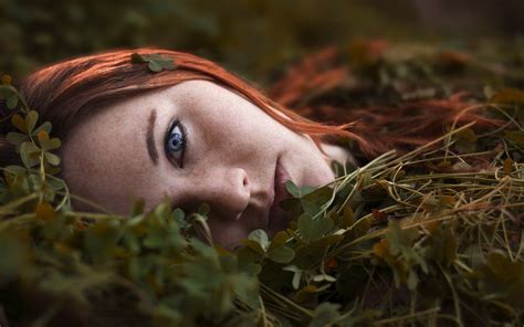 Wallpaper Face Sunlight Forest Women Redhead Portrait Blue Eyes