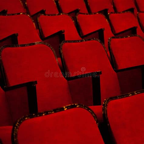 Modern Cinema Or Theater Hall Empty And Red Comfortable Seats Stock