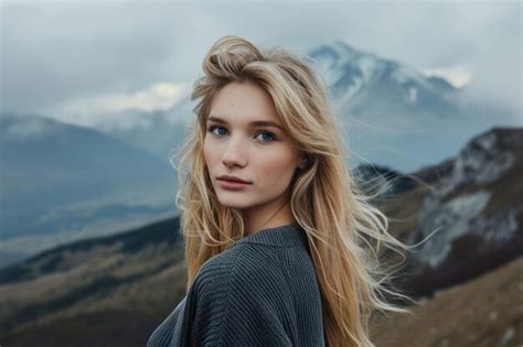 Premium Photo Beautiful Blonde Woman On Mountain Landscape