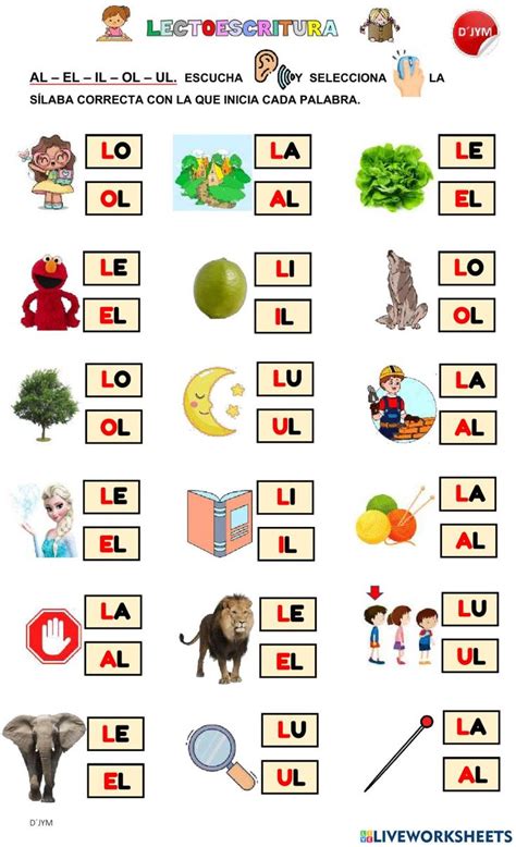 AL EL IL OL UL Discriminación de sílabas inversas worksheet