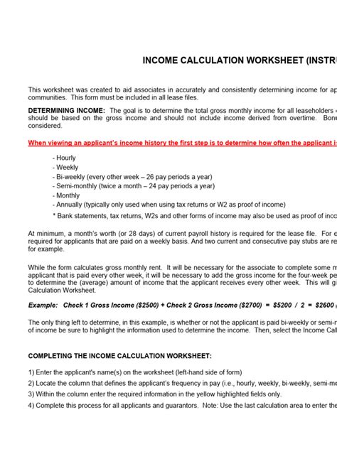 Income Calculation Worksheet 3x Pdf Renting Worksheet