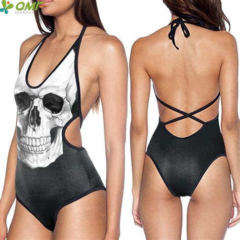 3d Skeleton Head Punk Female Bathing Suit One Piece Swimwear Cut Out V