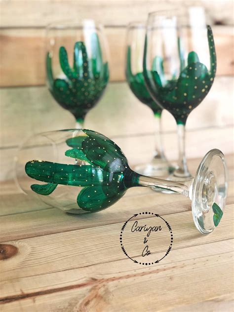 Cactus Stemmed Wine Glasses Succulent Wine Glasses Hand Painted Wine