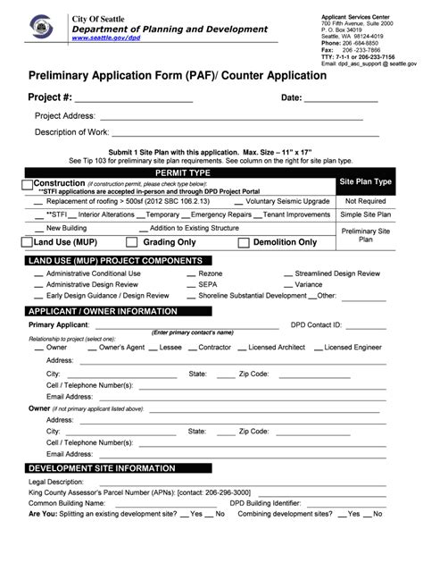 Fillable Online Seattle Seattle Dpd Form Preliminary Application Form