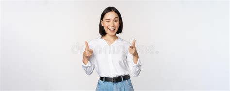 Its You Congrats Smiling Attractive Asian Woman Businesswoman Pointing Fingers At Camera With