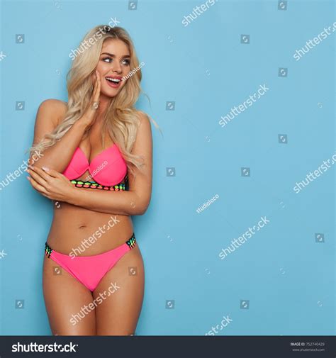 Beautiful Blond Woman Pink Bikini Holding Stock Photo Shutterstock