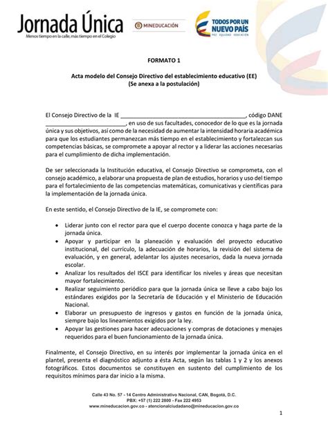 Formato 1 Acta Modelo Del Consejo Directivo Del Establecimiento