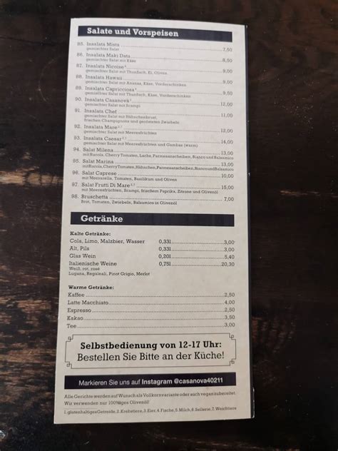 Carta de Pizzeria Casanova Düsseldorf Am Wehrhahn 45