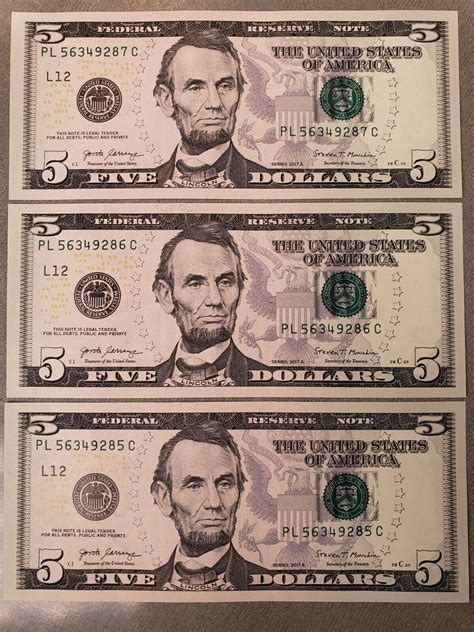 New Uncirculated Five Dollar Bills Series A Sequential Notes