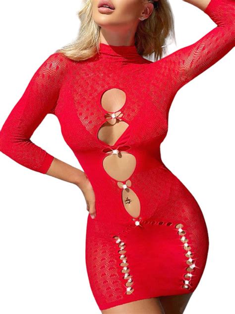 LilyLLL Womens Hollow Out Turtle Neck Nightdress Sleepwear Babydoll Lace Lingerie Undrwear