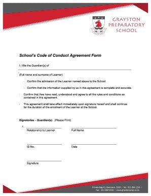 Fillable Online Schools Code Of Conduct Agreement Form Fax Email Print