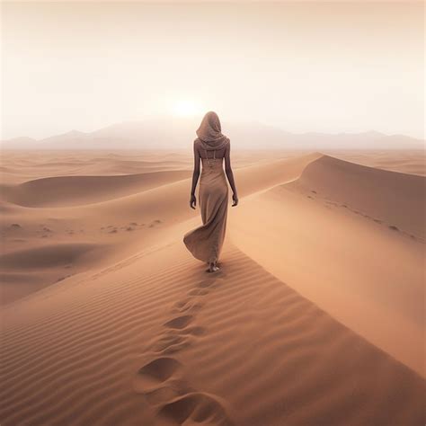 Una Mujer Caminando En El Desierto Con La Puesta De Sol Detr S De Ella