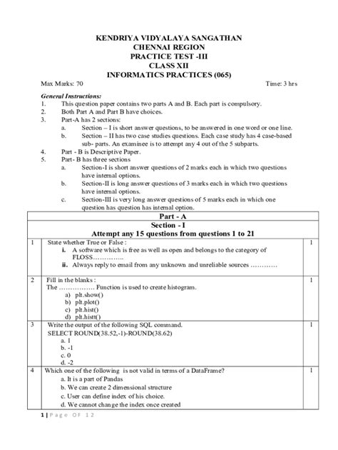 Fillable Online III CLASS XII INFORMATICS PRACTICES 065 Part A