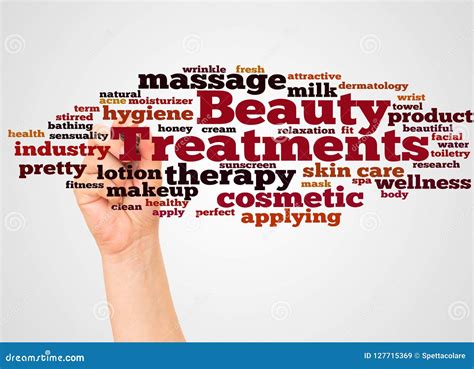 Beauty Treatments Word Cloud And Hand With Marker Concept Stock Image