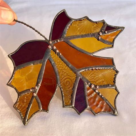 Stained Glass Maple Leaf Suncatcher Vintage Amber Glass Autumn Fall