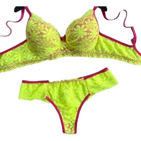 Conjunto Lingerie Renda Amarelo Neon E Pink Neon Bojo Parcelamento Sem Juros