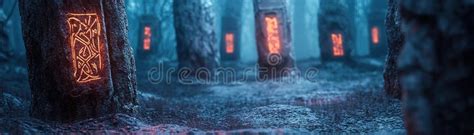 In a Deep Dark Forest, Glowing Cryptic Symbols Illuminate the Trees ...