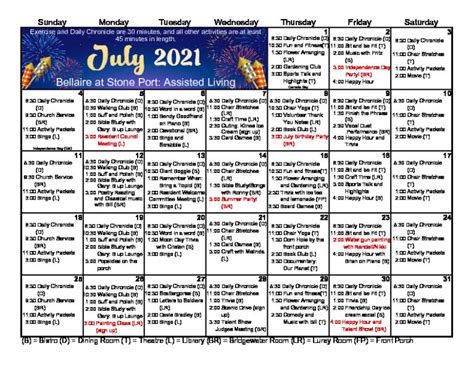 July 2021 Calendar Bellaire At Stone Port