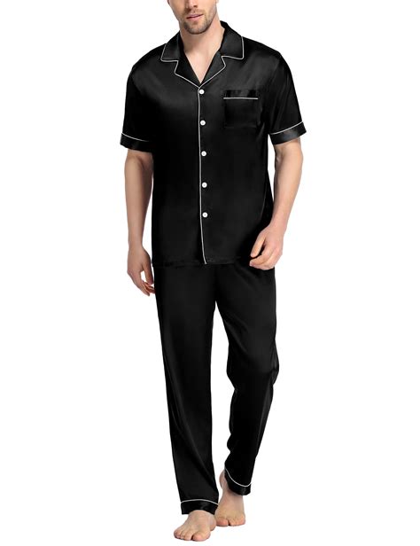 Swomog Mens Silk Satin Pajama Set Short Sleeve Classic Sleepwear Button Down Loungewear With