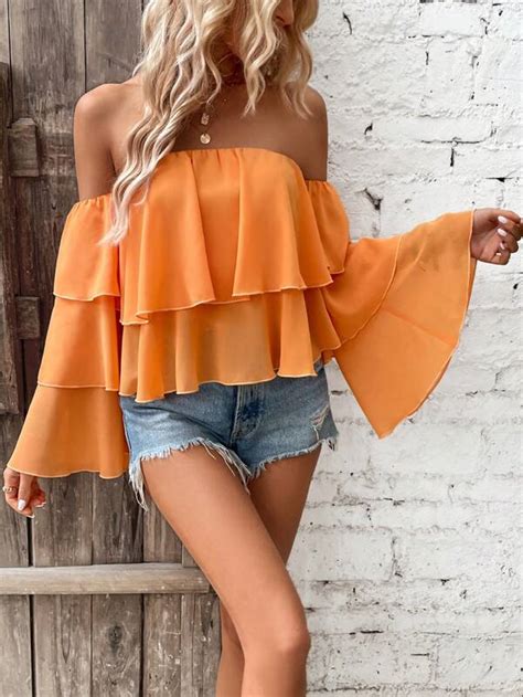 Shein Vcay Off Shoulder Flounce Sleeve Ruffle Trim Blouse Shein Usa