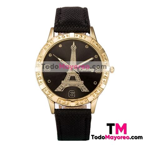 Reloj Negro Extensible Piel Sintetica Torre Eiffel Dorada R2584