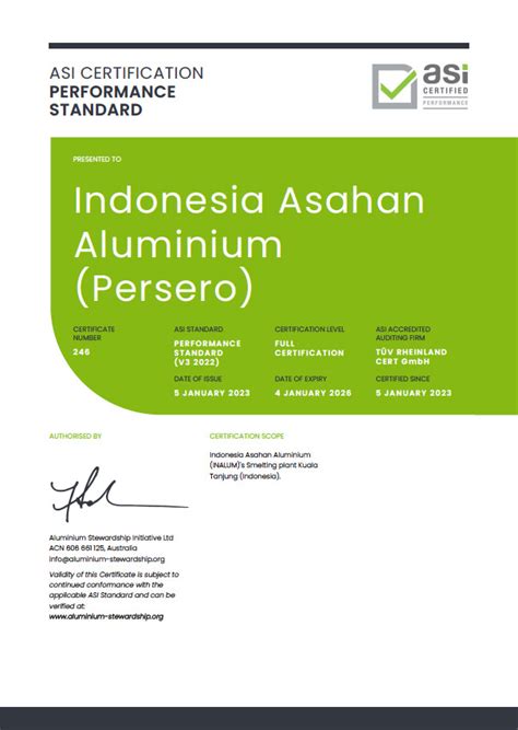 Asi Certifies Indonesia Asahan Aluminium Inalum Persero Against