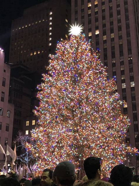 A Large Christmas Tree Is Lit Up In The City