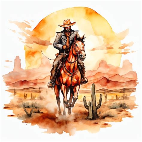 Premium Photo Watercolor Cartoon Cowboy Riding Into The Sunse Western